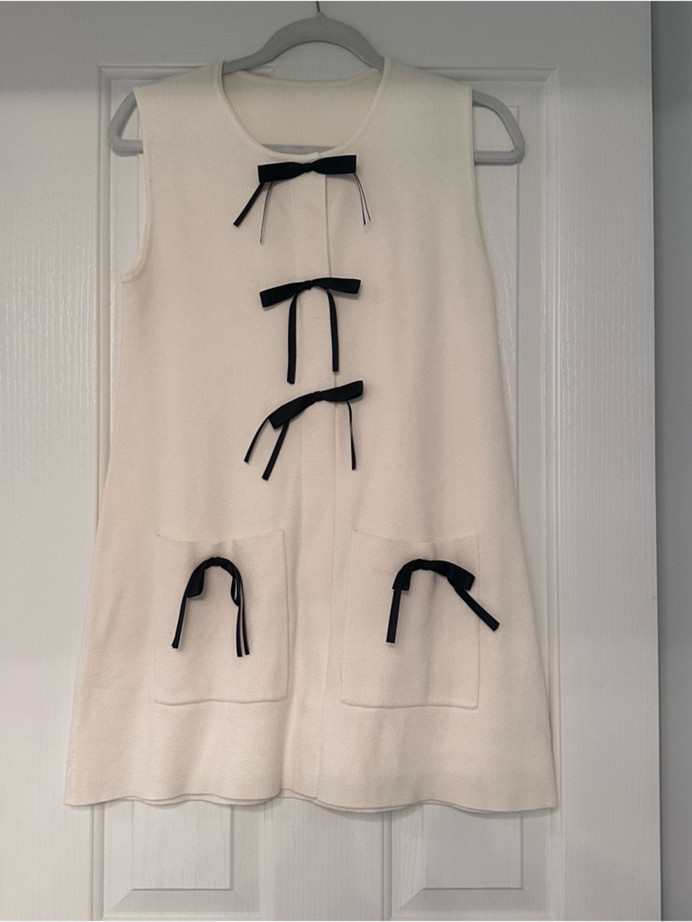 Cream Sweater Sleeveless Bow Dress